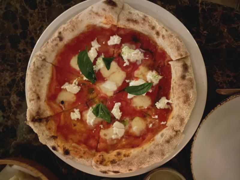 Top-down view of pizza at Amici