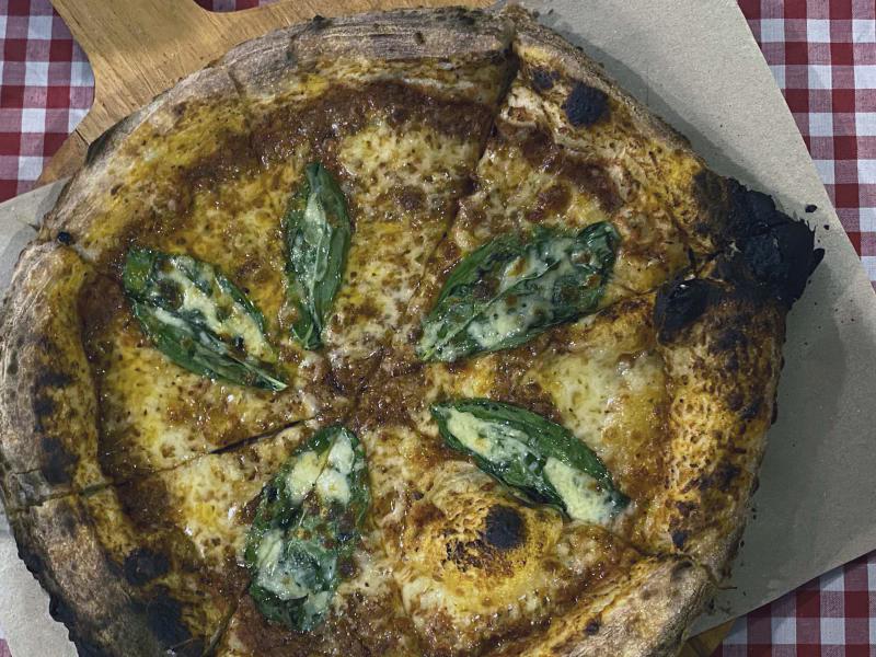 Top-down view of pizza at Gioia