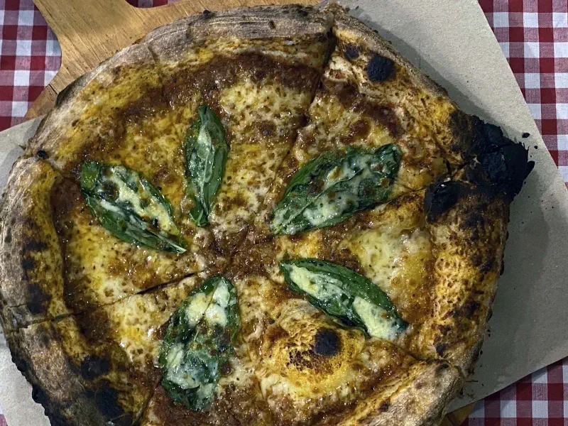 Top-down view of pizza at Gioia