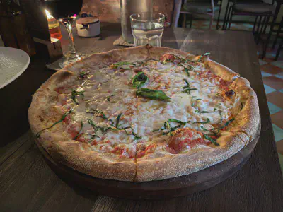 Angle view of pizza at La Baracca