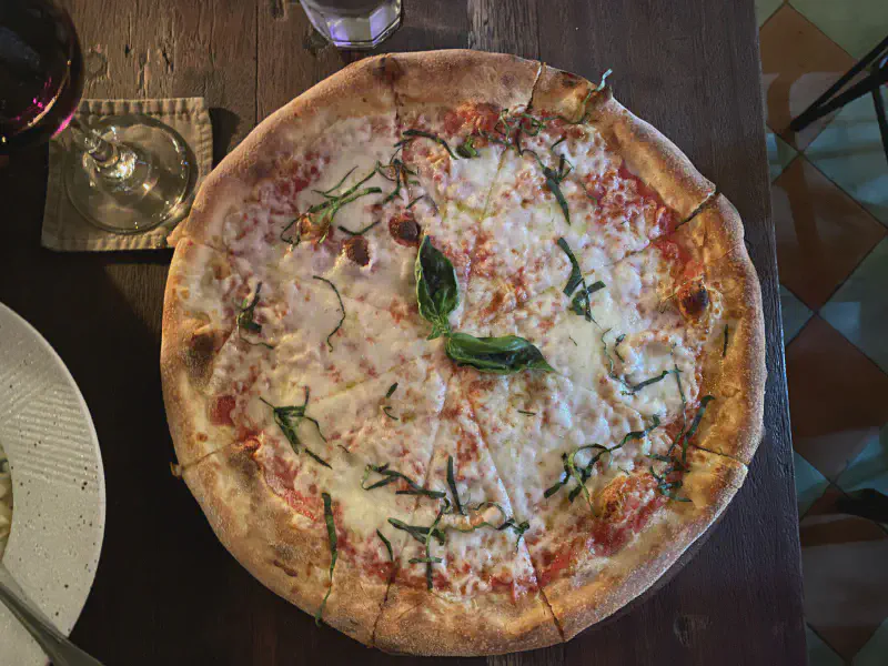 Top-down view of pizza at La Baracca