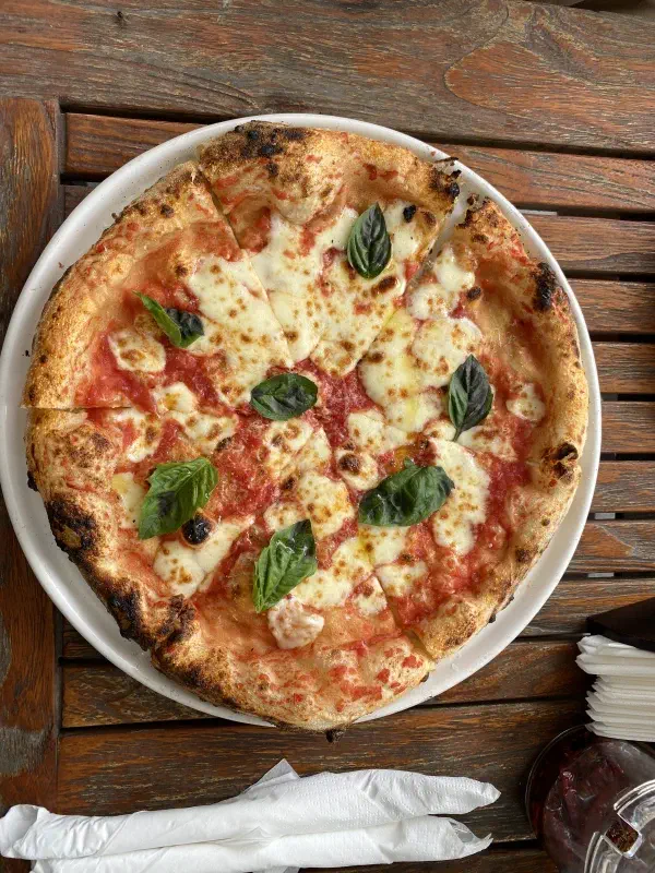 Top-down view of pizza at Mazzoni Pizza