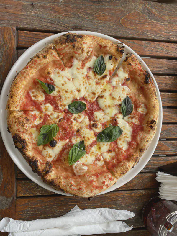 Top-down view of pizza at Mazzoni Pizza