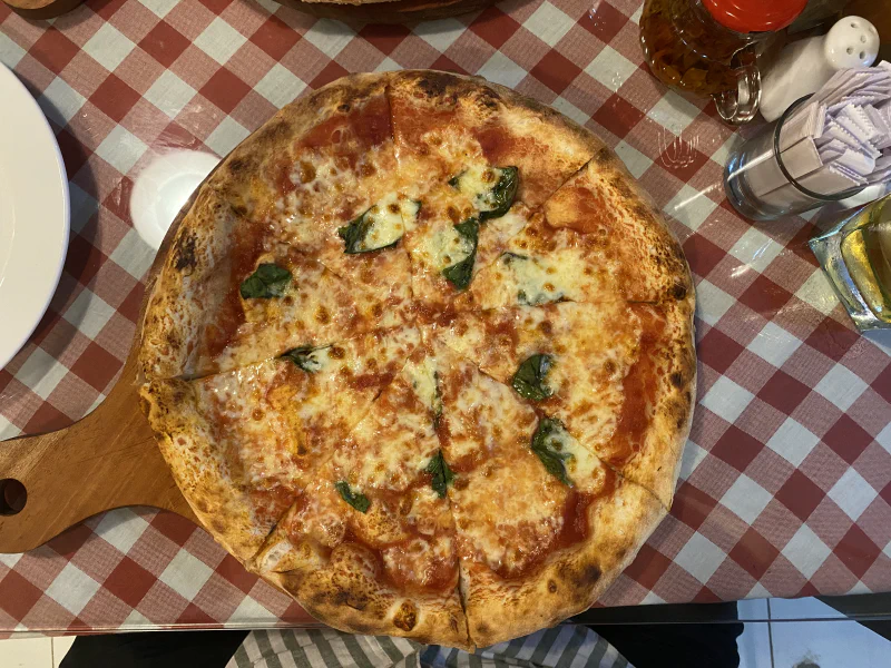 Top-down view of pizza at Roby Pizza