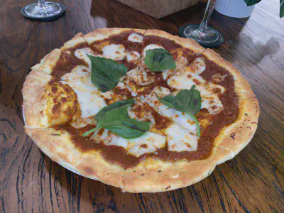 Angle view of pizza at The Barn