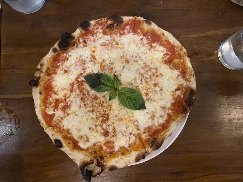 Top-down view of pizza at Via Emilia