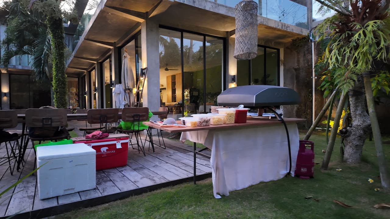 Our oven station on the deck at Villa Hertem, Tabanan, at dusk