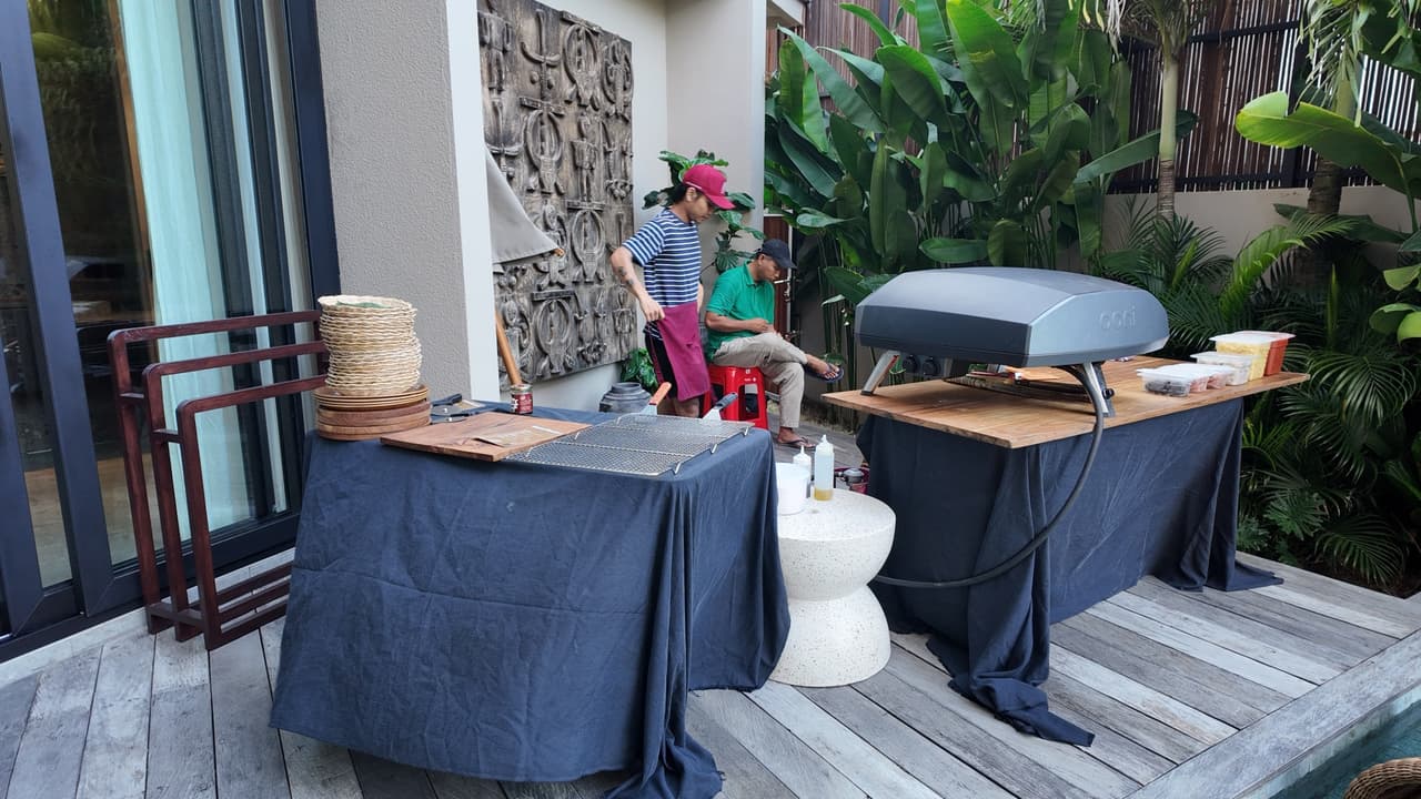 Our oven and serving table on the timber deck at Victoriā Uluwatu