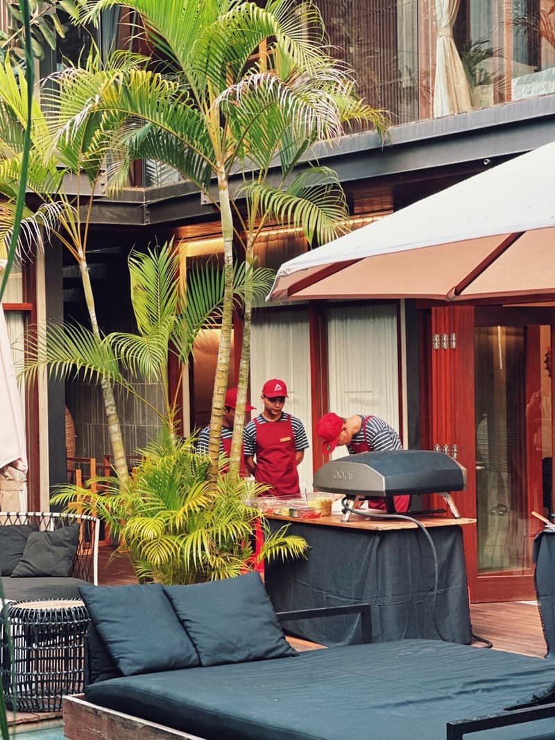 Our pizza station tucked into a Bali villa courtyard, ready to cook