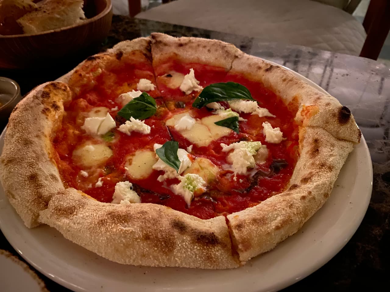 Angle view of pizza at Amici