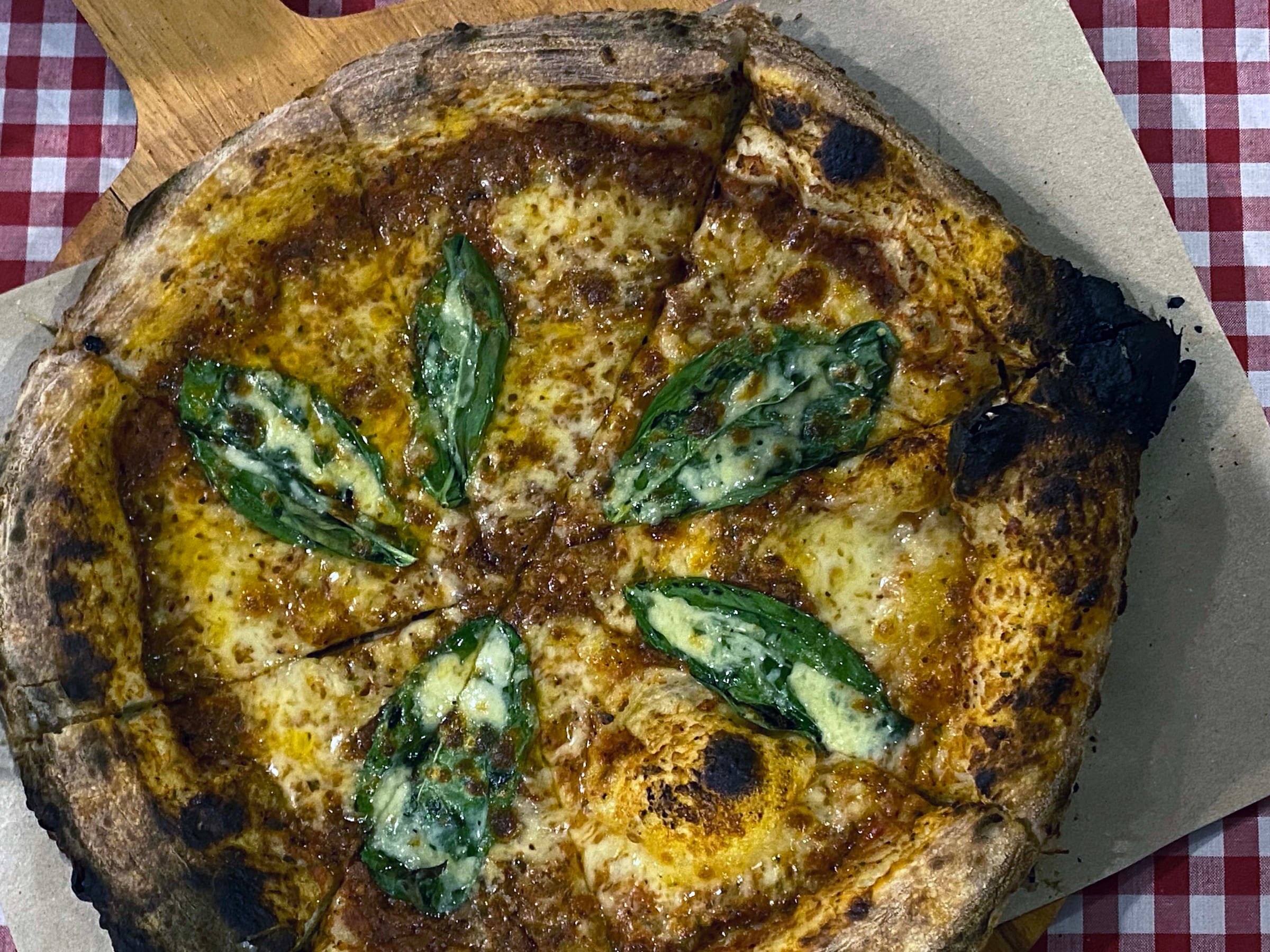 Top-down view of pizza at Gioia