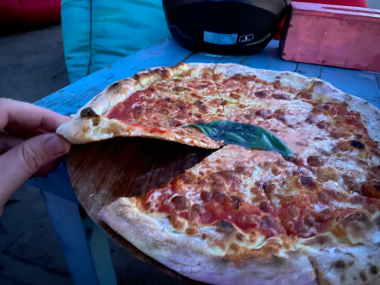 Crust close-up of pizza at La Plancha