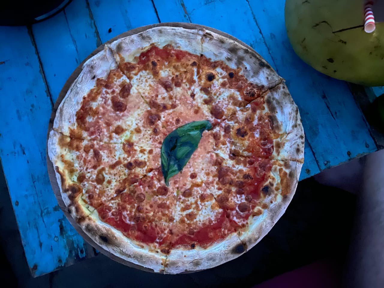 Top-down view of pizza at La Plancha