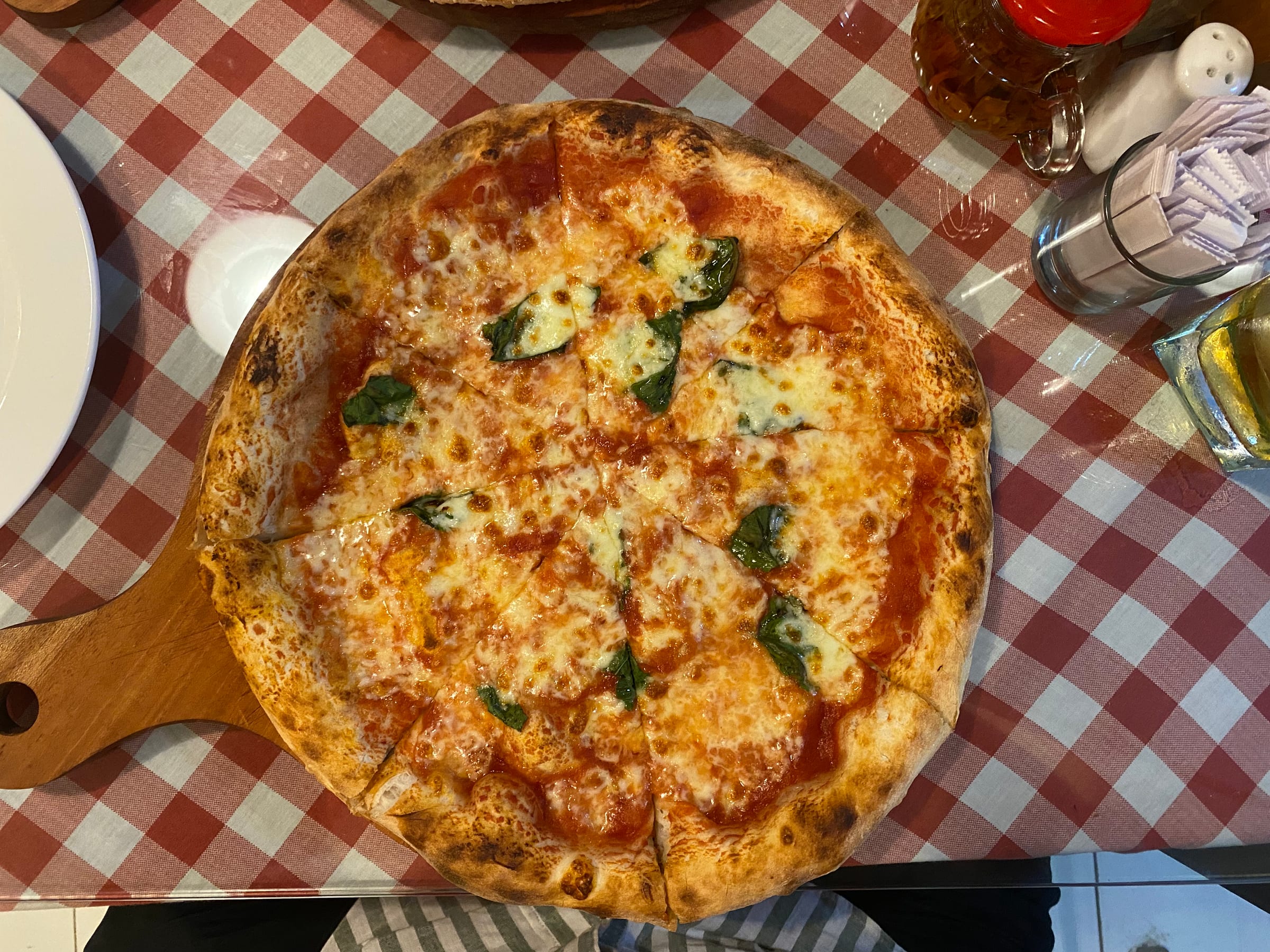 Top-down view of pizza at Roby Pizza